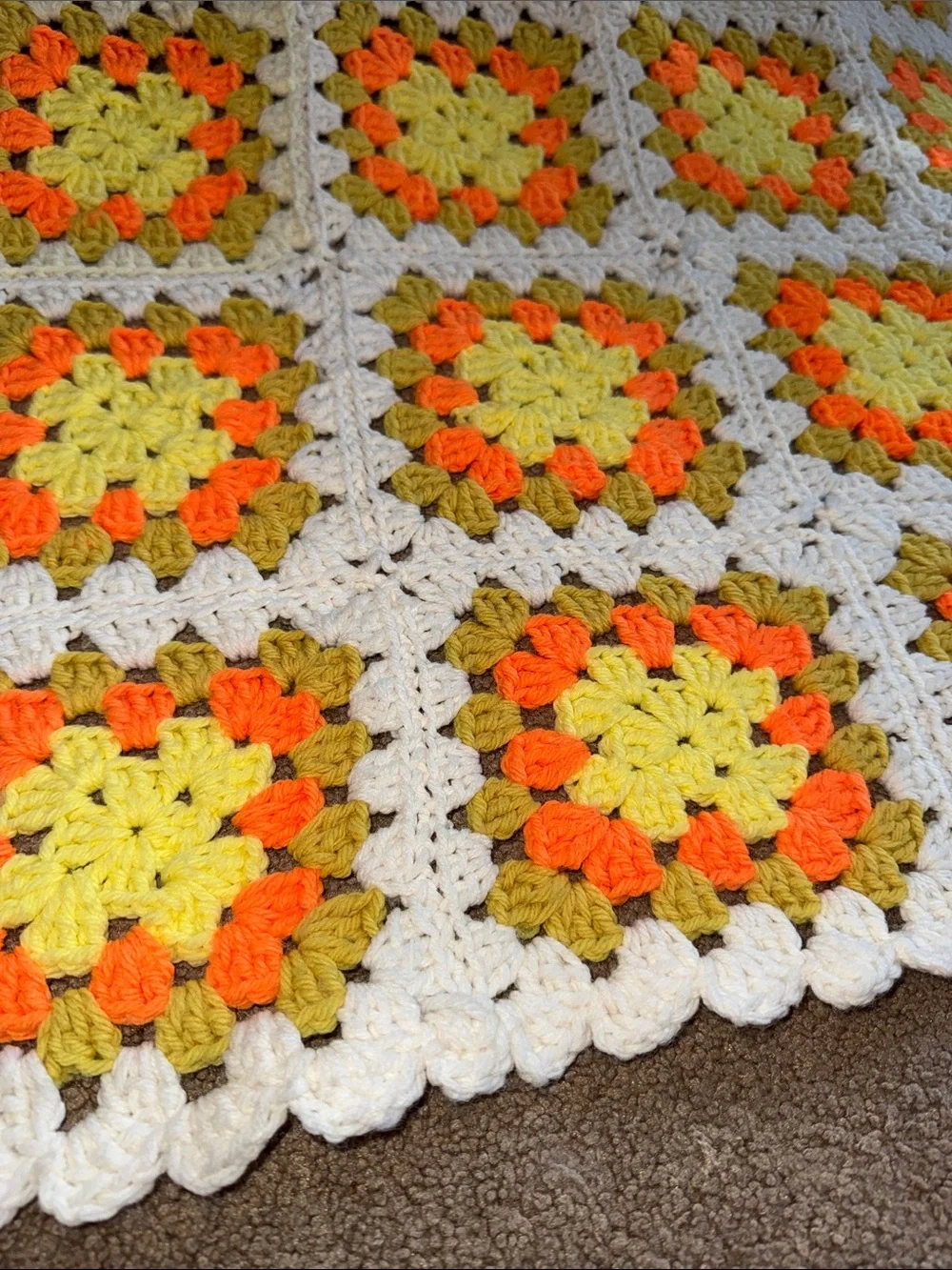 Hand Crafted Yellow Orange Cream Crochet Granny Square Throw Blanket
